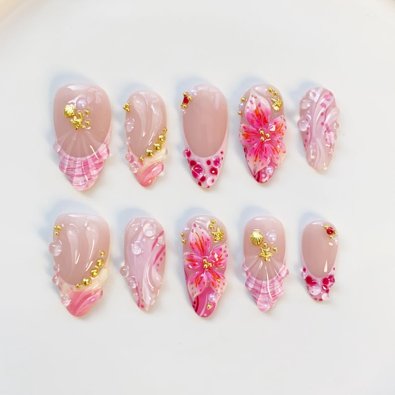 Summer freestyles Pink Orange Press on nails long almond nails/Shell Nails/Pink Nails/Bloom Flower Nails/Holiday Nails/Summer Nails French