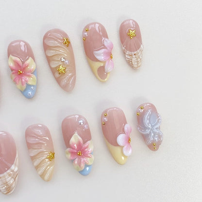 Starfish Bloom Elegance Press On Nails Short Almond Nails/Flower Nails/Yellow Nails/Spring Summer Nails/Shell Nails/Birthday Nails