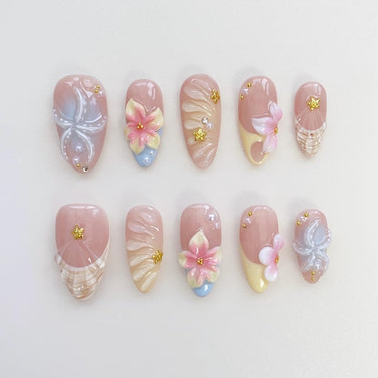 Starfish Bloom Elegance Press On Nails Short Almond Nails/Flower Nails/Yellow Nails/Spring Summer Nails/Shell Nails/Birthday Nails