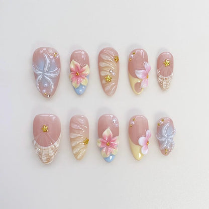 Starfish Bloom Elegance Press On Nails Short Almond Nails/Flower Nails/Yellow Nails/Spring Summer Nails/Shell Nails/Birthday Nails