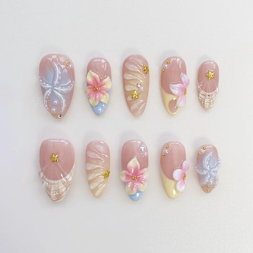 Starfish Bloom Elegance Press On Nails Short Almond Nails/Flower Nails/Yellow Nails/Spring Summer Nails/Shell Nails/Birthday Nails
