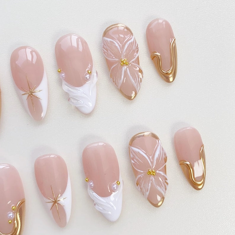 3D Flower Press On Nails: Gold Chrome, Short Almond, White French