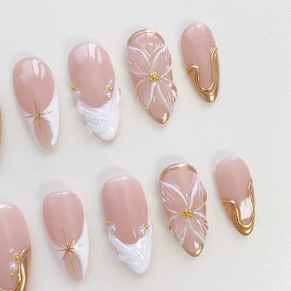 3D Flower Press On Nails: Gold Chrome, Short Almond, White French