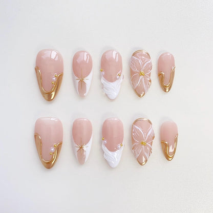 3D Flower Press On Nails: Gold Chrome, Short Almond, White French