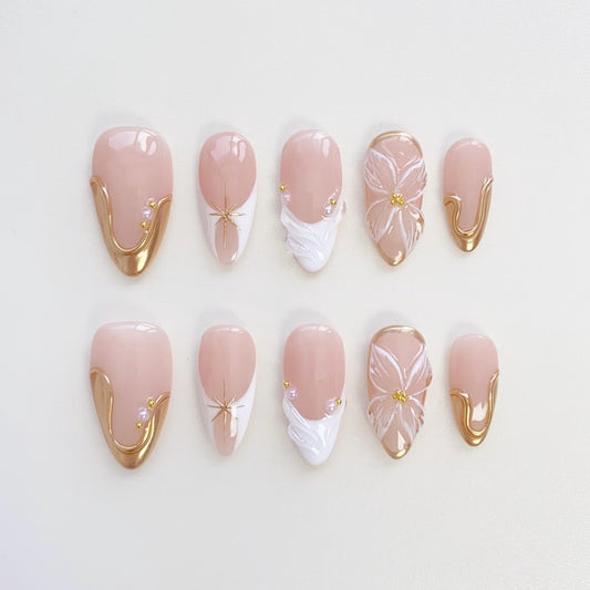 3D Flower Press On Nails: Gold Chrome, Short Almond, White French