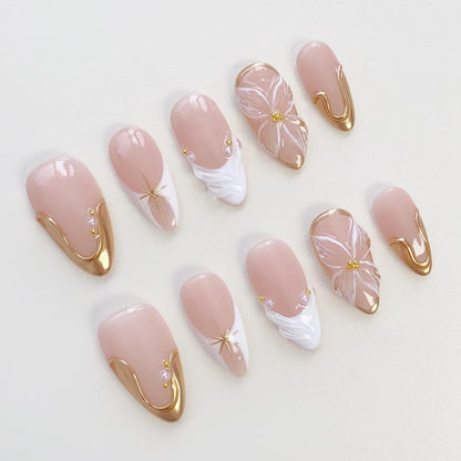 3D Flower Press On Nails: Gold Chrome, Short Almond, White French