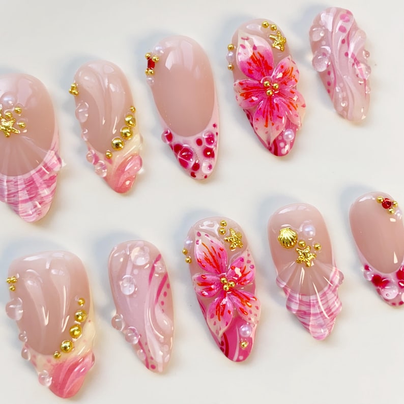 Summer freestyles Pink Orange Press on nails long almond nails/Shell Nails/Pink Nails/Bloom Flower Nails/Holiday Nails/Summer Nails French