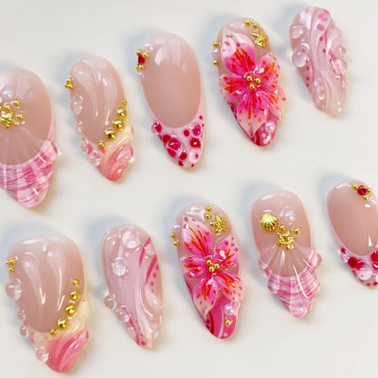 Summer freestyles Pink Orange Press on nails long almond nails/Shell Nails/Pink Nails/Bloom Flower Nails/Holiday Nails/Summer Nails French