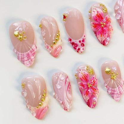 Summer freestyles Pink Orange Press on nails long almond nails/Shell Nails/Pink Nails/Bloom Flower Nails/Holiday Nails/Summer Nails French