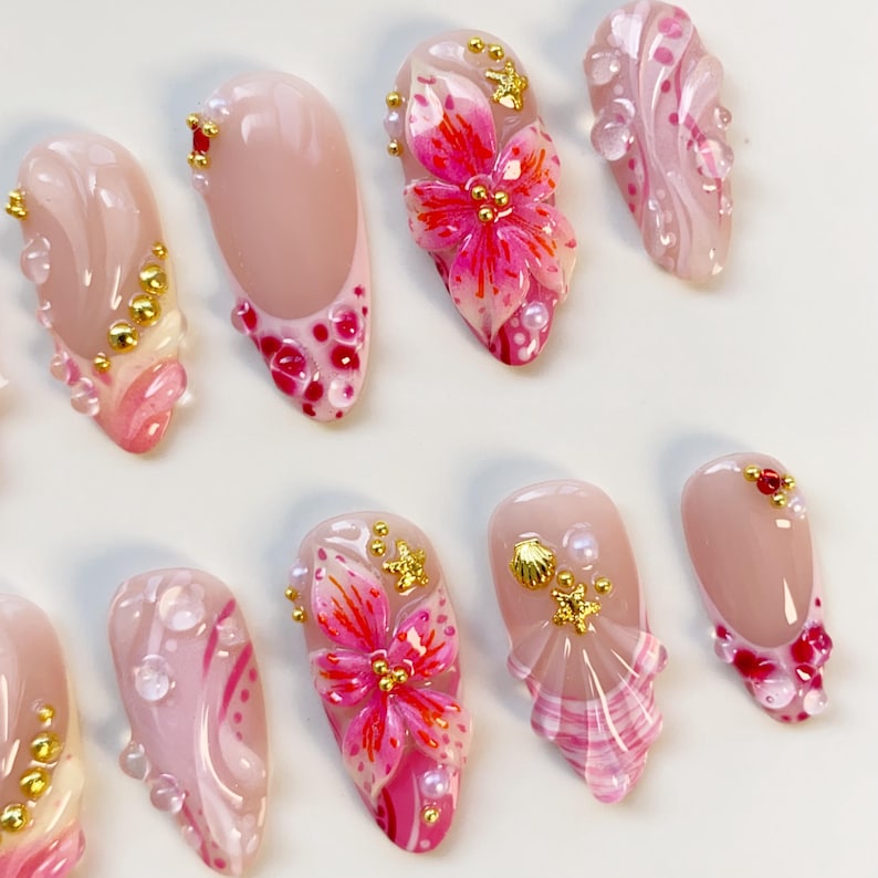 Summer freestyles Pink Orange Press on nails long almond nails/Shell Nails/Pink Nails/Bloom Flower Nails/Holiday Nails/Summer Nails French