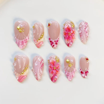 Summer freestyles Pink Orange Press on nails long almond nails/Shell Nails/Pink Nails/Bloom Flower Nails/Holiday Nails/Summer Nails French