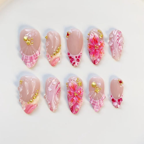Summer freestyles Pink Orange Press on nails long almond nails/Shell Nails/Pink Nails/Bloom Flower Nails/Holiday Nails/Summer Nails French