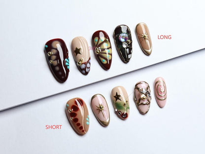 Boho-Inspired Press-On Nails/Gothic nails /Hand painted Fake Nails/luxury press on nails/y2k nails/abstract nails/Birthday Nails#272