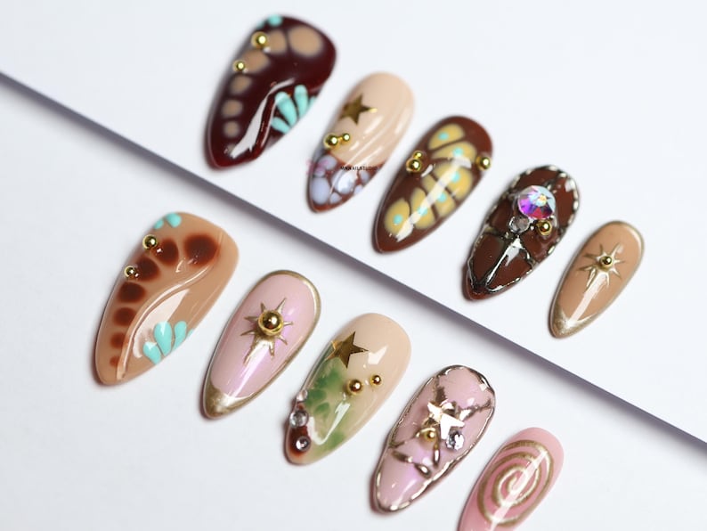 Boho-Inspired Press-On Nails/Gothic nails /Hand painted Fake Nails/luxury press on nails/y2k nails/abstract nails/Birthday Nails#272