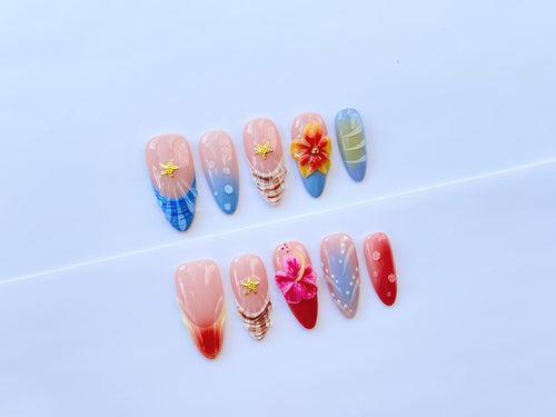 Tropical 3D Flower Press-On Nails: Hand-Painted Ocean Design
