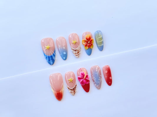 Tropical 3D Flower Press-On Nails: Hand-Painted Ocean Design