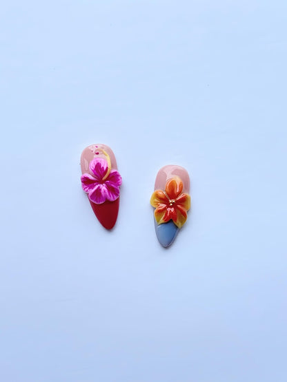 Tropical 3D Flower Press-On Nails: Hand-Painted Ocean Design
