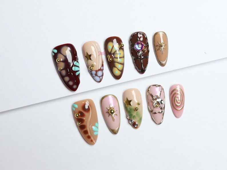 Boho-Inspired Press-On Nails/Gothic nails /Hand painted Fake Nails/luxury press on nails/y2k nails/abstract nails/Birthday Nails#272
