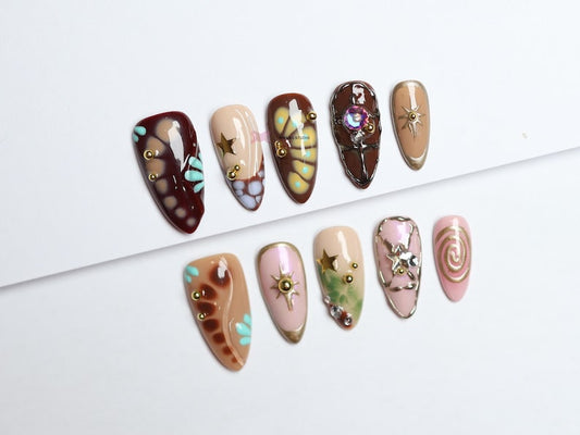 Ongles press-on d'inspiration bohème / Ongles gothiques / Faux ongles peints à la main / Ongles press-on de luxe / Ongles Y2K / Ongles abstraits / Ongles d'anniversaire #272