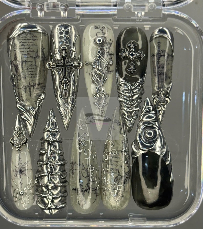 Luxury Gothic Chrome Press On Nails | Black Silver Cathedral Nails | Cross & Script 3D Nail Art | Handmade Fake Nails