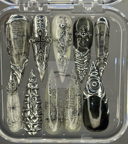 Luxury Gothic Chrome Press On Nails | Black Silver Cathedral Nails | Cross & Script 3D Nail Art | Handmade Fake Nails