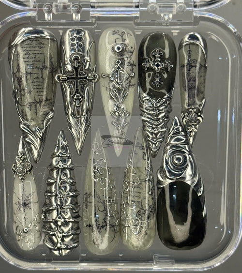 Luxury Gothic Chrome Press On Nails | Black Silver Cathedral Nails | Cross & Script 3D Nail Art | Handmade Fake Nails