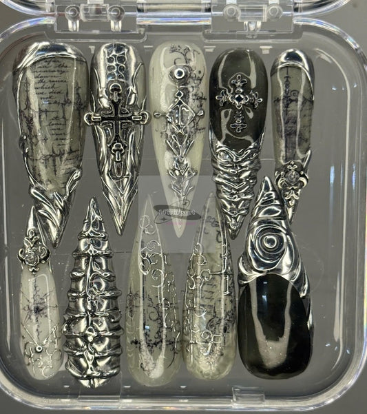 Luxury Gothic Chrome Press On Nails | Black Silver Cathedral Nails | Cross & Script 3D Nail Art | Handmade Fake Nails