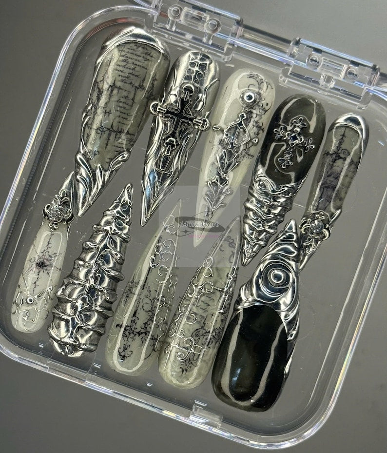 Luxury Gothic Chrome Press On Nails | Black Silver Cathedral Nails | Cross & Script 3D Nail Art | Handmade Fake Nails