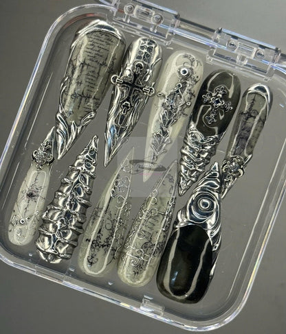 Luxury Gothic Chrome Press On Nails | Black Silver Cathedral Nails | Cross & Script 3D Nail Art | Handmade Fake Nails
