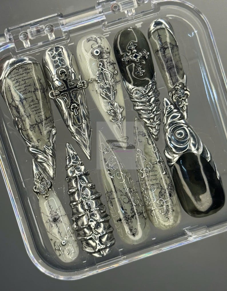 Luxury Gothic Chrome Press On Nails | Black Silver Cathedral Nails | Cross & Script 3D Nail Art | Handmade Fake Nails
