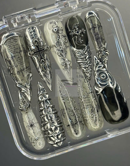 Luxury Gothic Chrome Press On Nails | Black Silver Cathedral Nails | Cross & Script 3D Nail Art | Handmade Fake Nails