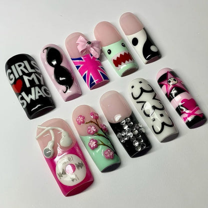 Y2K Emo Scene Press On Nails, iPod, Domo, Union Jack, Rhinestone Nail Art
