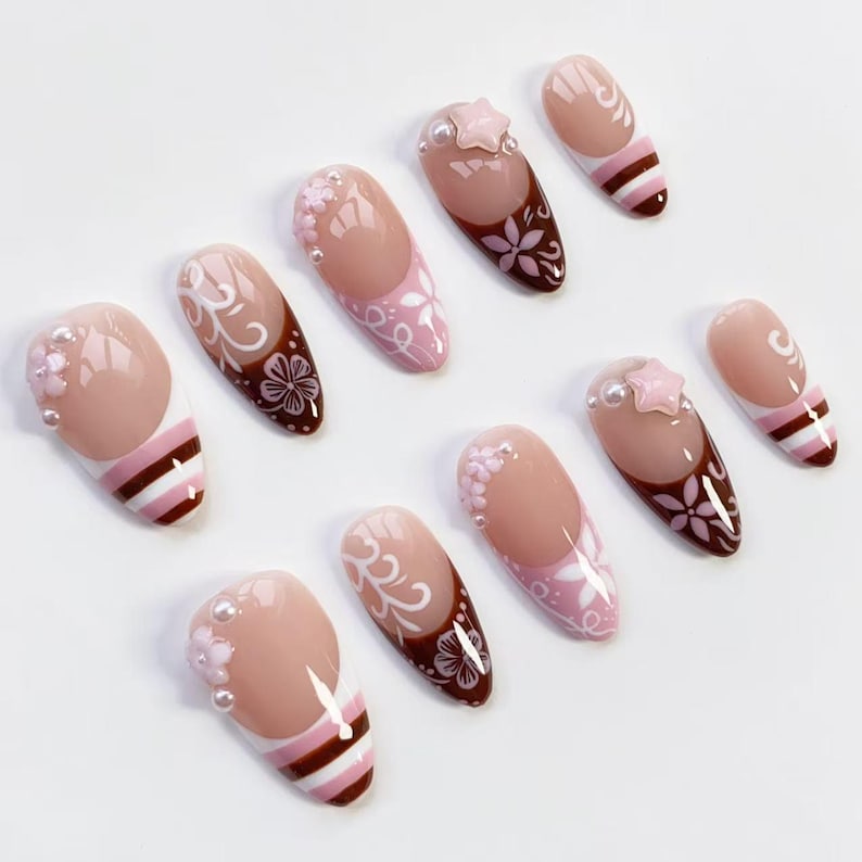 Cute Kawaii Nails/Pink Brown Striped French nails/Flower Nails/Holiday nails/Pink Press on nails Long almond nails/Y2k Nails/Holiday Nails