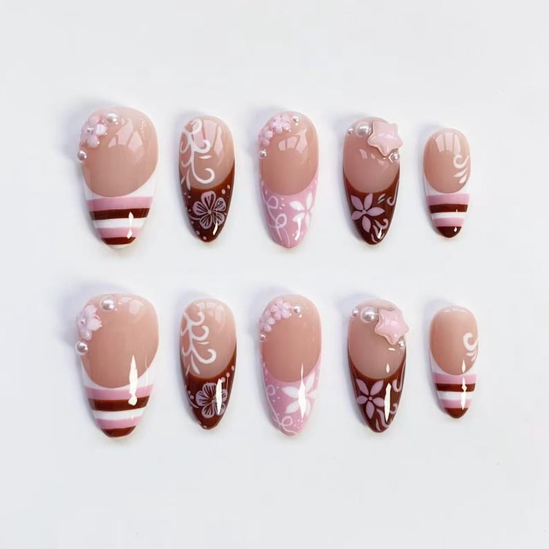 Cute Kawaii Nails/Pink Brown Striped French nails/Flower Nails/Holiday nails/Pink Press on nails Long almond nails/Y2k Nails/Holiday Nails