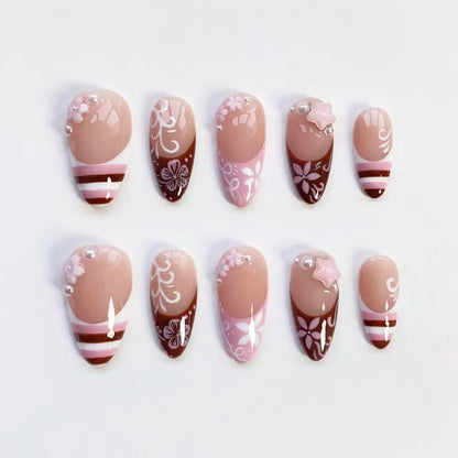 Cute Kawaii Nails/Pink Brown Striped French nails/Flower Nails/Holiday nails/Pink Press on nails Long almond nails/Y2k Nails/Holiday Nails