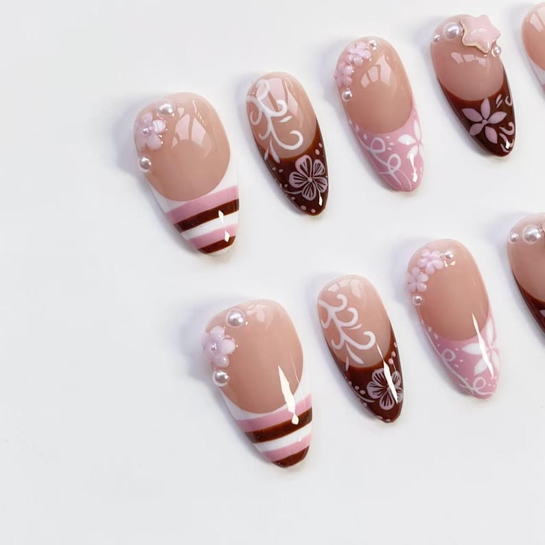 Cute Kawaii Nails/Pink Brown Striped French nails/Flower Nails/Holiday nails/Pink Press on nails Long almond nails/Y2k Nails/Holiday Nails
