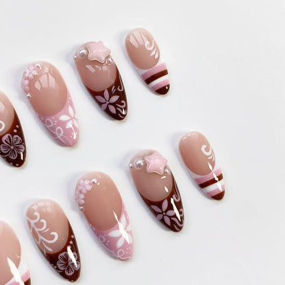 Cute Kawaii Nails/Pink Brown Striped French nails/Flower Nails/Holiday nails/Pink Press on nails Long almond nails/Y2k Nails/Holiday Nails