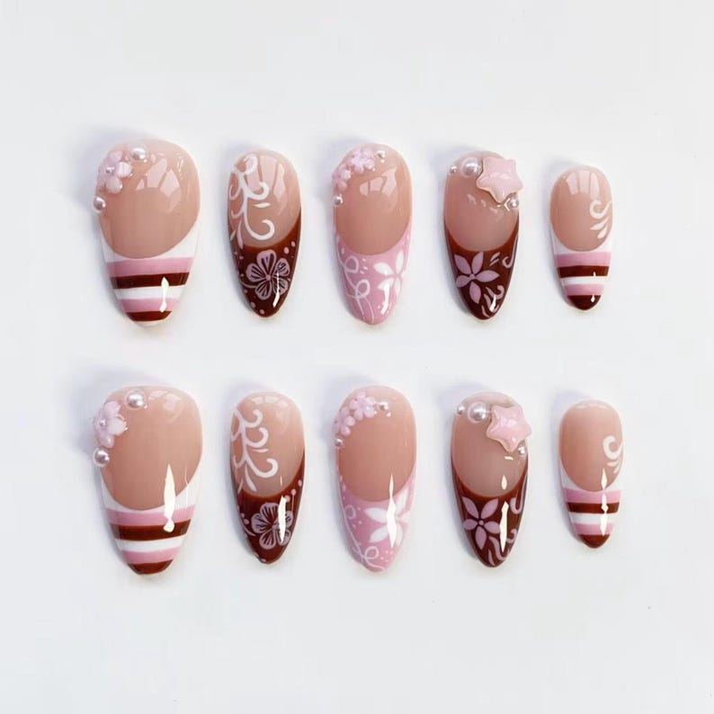 Cute Kawaii Nails/Pink Brown Striped French nails/Flower Nails/Holiday nails/Pink Press on nails Long almond nails/Y2k Nails/Holiday Nails
