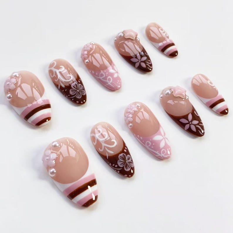 Cute Kawaii Nails/Pink Brown Striped French nails/Flower Nails/Holiday nails/Pink Press on nails Long almond nails/Y2k Nails/Holiday Nails