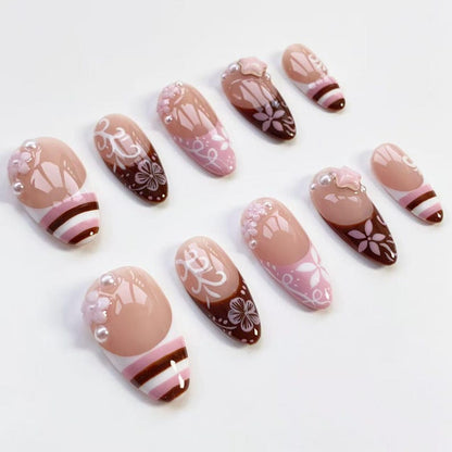 Cute Kawaii Nails/Pink Brown Striped French nails/Flower Nails/Holiday nails/Pink Press on nails Long almond nails/Y2k Nails/Holiday Nails