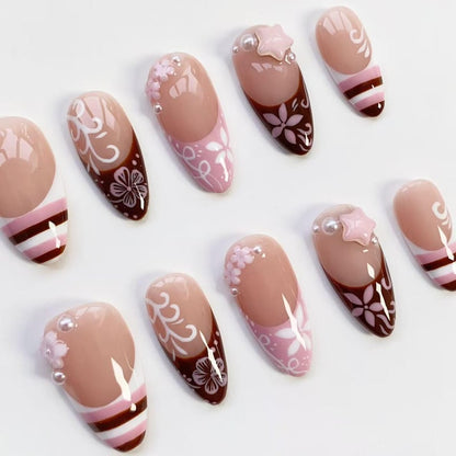 Cute Kawaii Nails/Pink Brown Striped French nails/Flower Nails/Holiday nails/Pink Press on nails Long almond nails/Y2k Nails/Holiday Nails