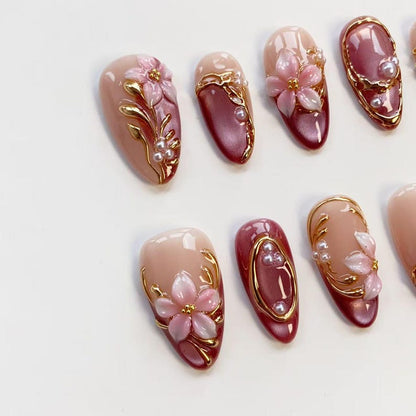3D Pink Blooming Flower Nails/press on nails long almond nails/Elegant nails/Glitter Pink Cat Eye Nails/3D Gold chrome nails/Birthday nails