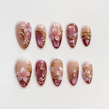 3D Pink Blooming Flower Nails/press on nails long almond nails/Elegant nails/Glitter Pink Cat Eye Nails/3D Gold chrome nails/Birthday nails