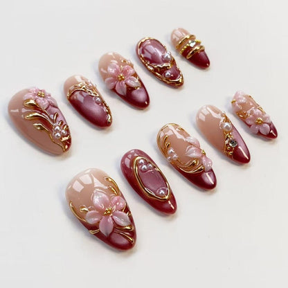 3D Pink Blooming Flower Nails/press on nails long almond nails/Elegant nails/Glitter Pink Cat Eye Nails/3D Gold chrome nails/Birthday nails