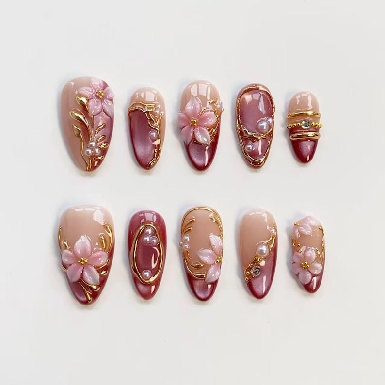 3D Pink Blooming Flower Nails/press on nails long almond nails/Elegant nails/Glitter Pink Cat Eye Nails/3D Gold chrome nails/Birthday nails