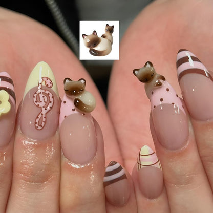 Hand-Painted Siamese Cat Musical Press-On Nails: 3D Romantic Set