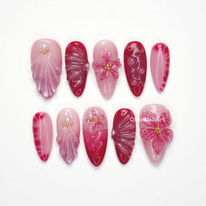 Pink Floral Glossy Press On Nails, 3d Flower Nails, Romantic Nail Art, Pearl Accent Nails, Cherry Blossom Vibe FRXW9