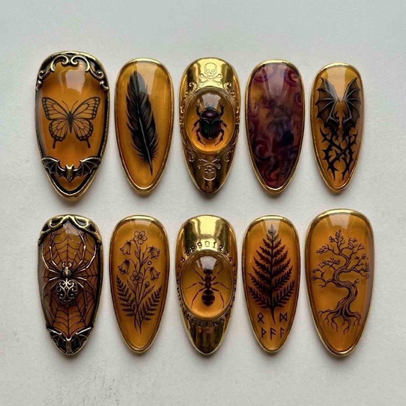 Handmade Amber Brown Press On Nails | Gothic Insect Butterfly Spider Web Gold Frame Nail Art | Almond Nails for Witchy Gothic Style