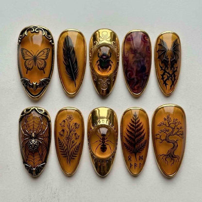 Handmade Amber Brown Press On Nails | Gothic Insect Butterfly Spider Web Gold Frame Nail Art | Almond Nails for Witchy Gothic Style