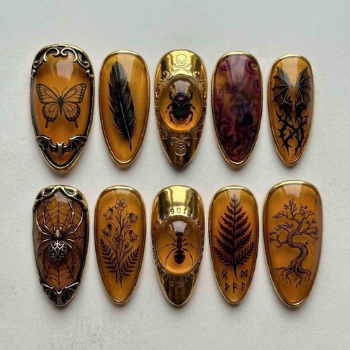 Handmade Amber Brown Press On Nails | Gothic Insect Butterfly Spider Web Gold Frame Nail Art | Almond Nails for Witchy Gothic Style